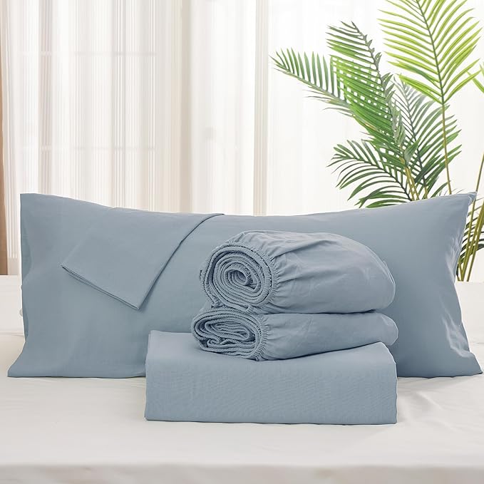 Simple&Opulence Belgian Linen Sheet Set Solid Color - 5 Pieces (1 Flat Sheet, 2 Fitted Sheets & 2 Pillowcases) Natural Flax Cotton Blend Soft Breathable Farmhouse Bedding - Split King Size, Dusty Blue