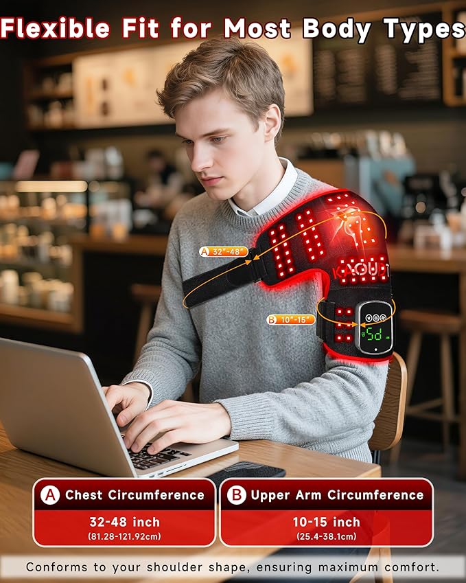Cordless Red Light Therapy for Shoulder with Vibration Massage, 5000mAh Rechargeable Heated Shoulder Pad Massager, 660nm&850nm Near Infrared Light Therapy for Joint Pain Relief (Black)