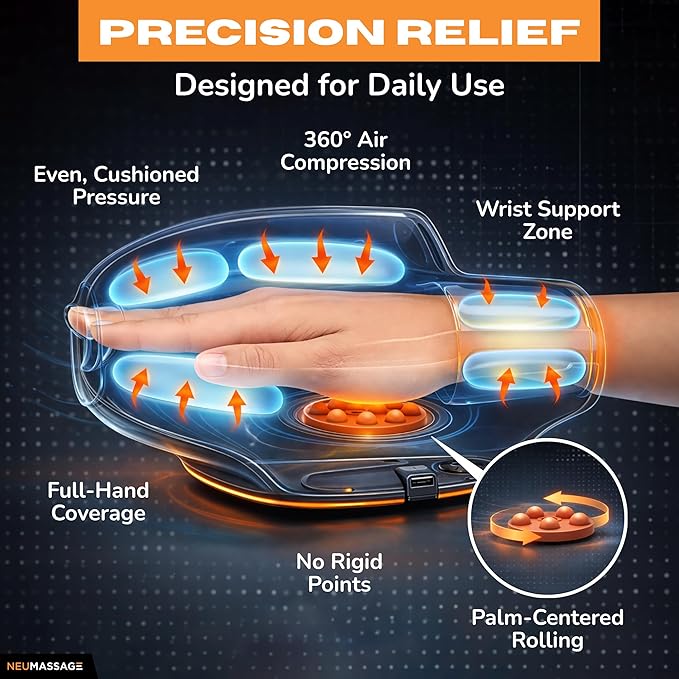 Hand Massager with Heat, Cooling and Compression | Full-Hand and Wrist Coverage with Touchscreen & Palm Roller | Daily Massage at Home, Office, or Travel