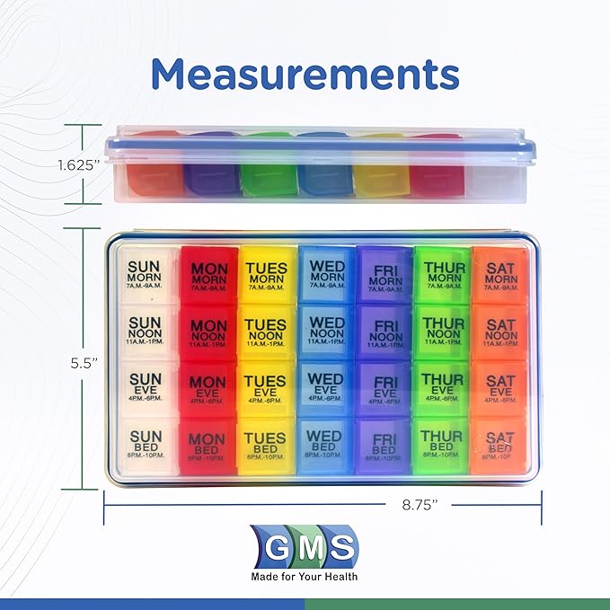 GMS 7-Day 4-Times-a-Day Pill Organizer - With Daily Removable Medication Containers - Suitable for Vitamin & Medicine Use, Secure, Sturdy, Waterproof Weekly Tablet Organizer, Ideal Pill Box for Travel