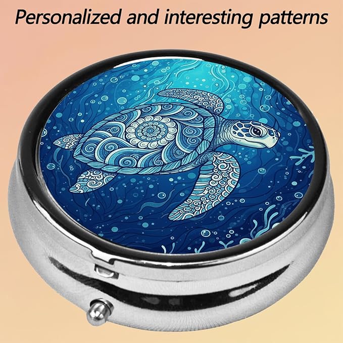 Round Pill Case Small Pill Box with Mirror Pocket 3 Compartment Vitamin Pill Medicine Case Organizer Pill Containers for Traveling Sea Turtle Wave One