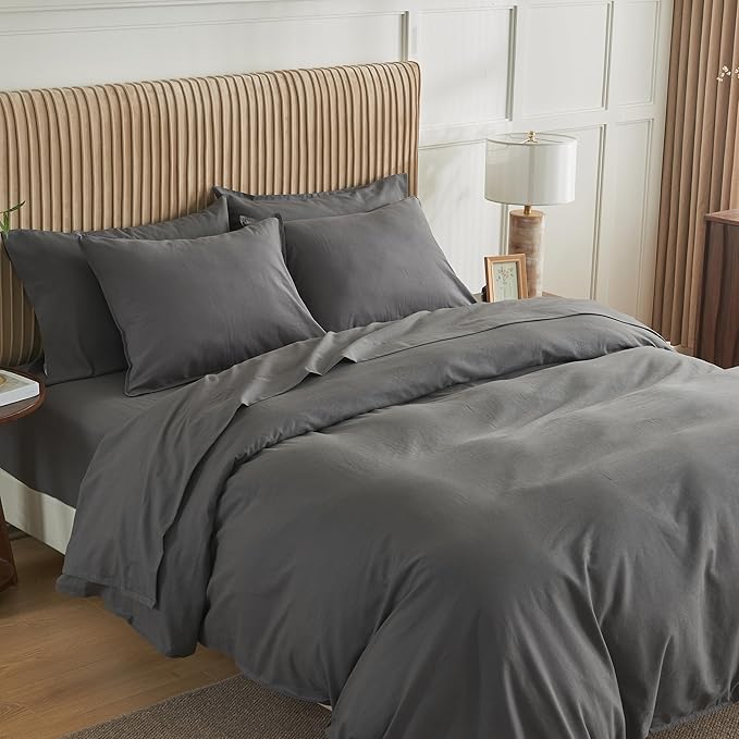 Simple&Opulence Belgian Linen Sheet Set Solid Color - 6 Pieces (1 Flat Sheet & 1 Fitted Sheet & 4 Pillowcases) 16" Deep Pocket Natural Flax Cotton Blended Soft Bedding - Dark Grey, Queen Size