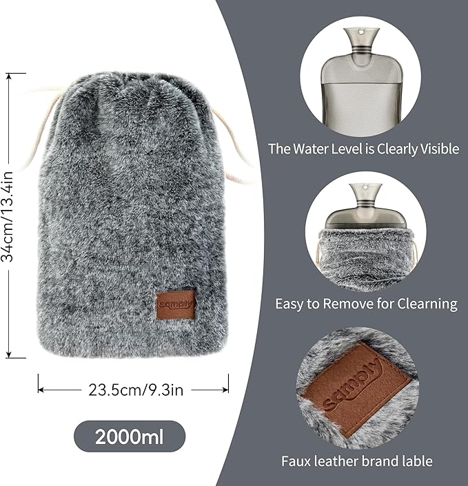 samply Hot Water Bottle with Soft Cover, 2L Hot Water Bag for Menstrual Cramps, Neck and Shoulder Pain Relief, Hot Compress, Hand Feet Warmer, Grey