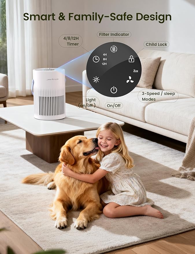 Jafända Air Purifers for Home, Hepa Air Purifier for Bedroom, Air Cleaner for Pet Dander, Quiet Sleep Mode, Portable Air Purifier for Office, Odor, Dust, Smoke (White)