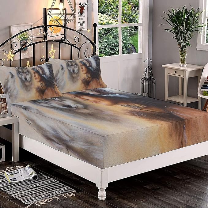 Decorative Fitted Sheet Set Twin Size, Tribal American Deep Pockets Fitted Sheet & 2 Pillow Sham Set, Blur Mystic Painting Young Tribal Man Feather with Wolves Printed Microfiber Bedding 3pc Set