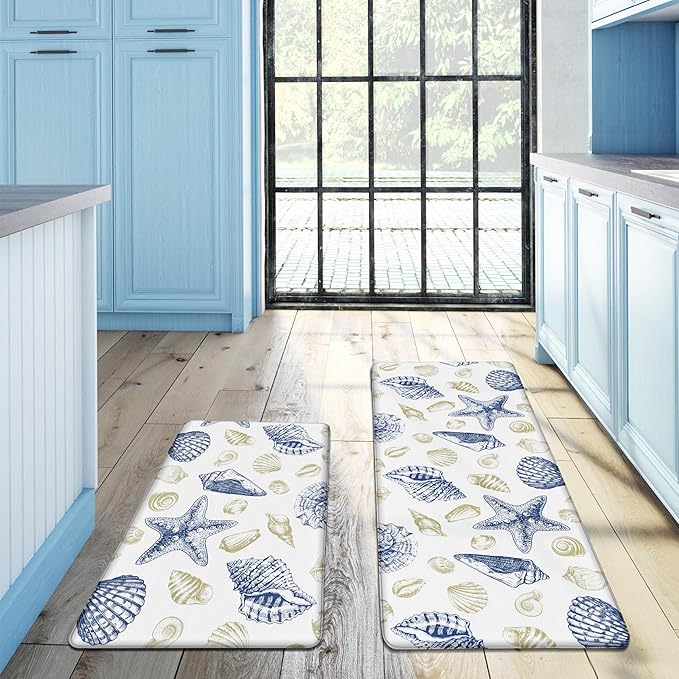 Kitchen Mats for Floor Cushioned Anti Fatigue Sets of 2 Beach Theme Kitchen Rugs Non Slip Waterproof Coastal Foam Kitchen Floor Rug Nautical Seashell Comfort Standing Mat for Sink Laundry, Navy