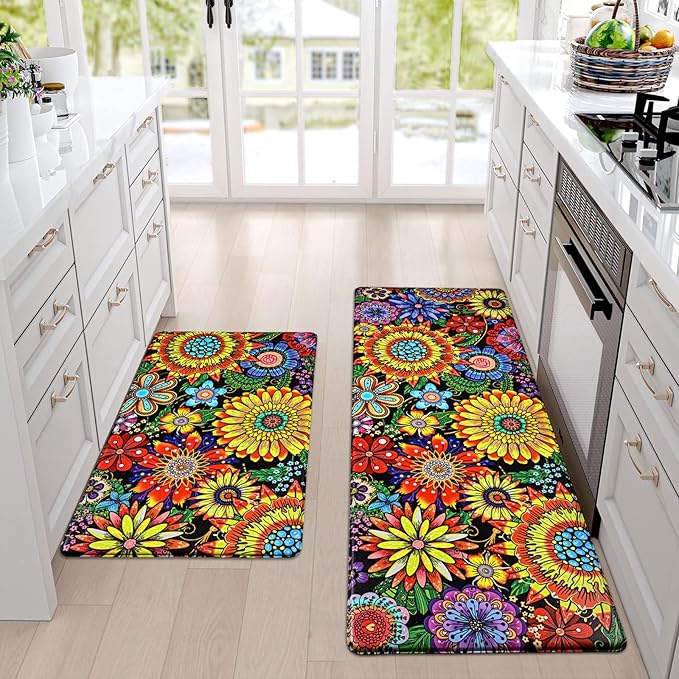 Likiyol Boho Kitchen Rugs, Boho Floral Anti Fatigue Kitchen Mat for Floor, Bohemian Flowers Non Slip Washable Kitchen Floor Mats, Comfort Standing Mat, 18'' x 30''+18''x48'', Yellow