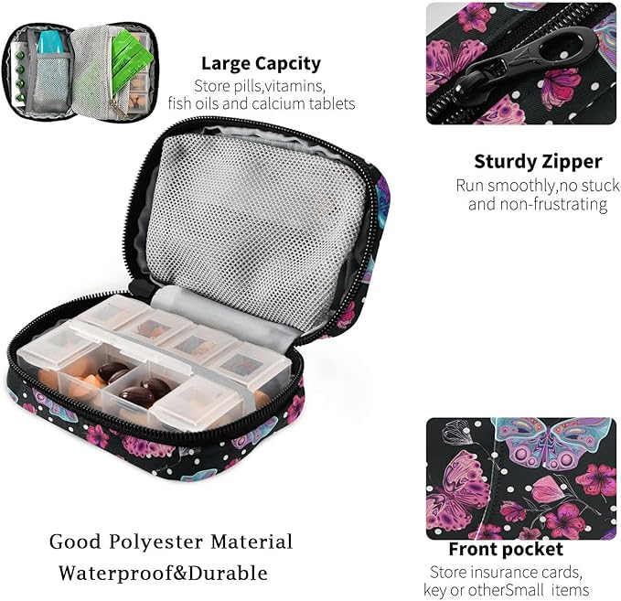 Fustylead Pink Flowers and Butterflies Pill Organizer Travel Bag, Small Portable Pill Case Cute for Vitamin Fish Oil Supplements Medicine Organizer with Zipper