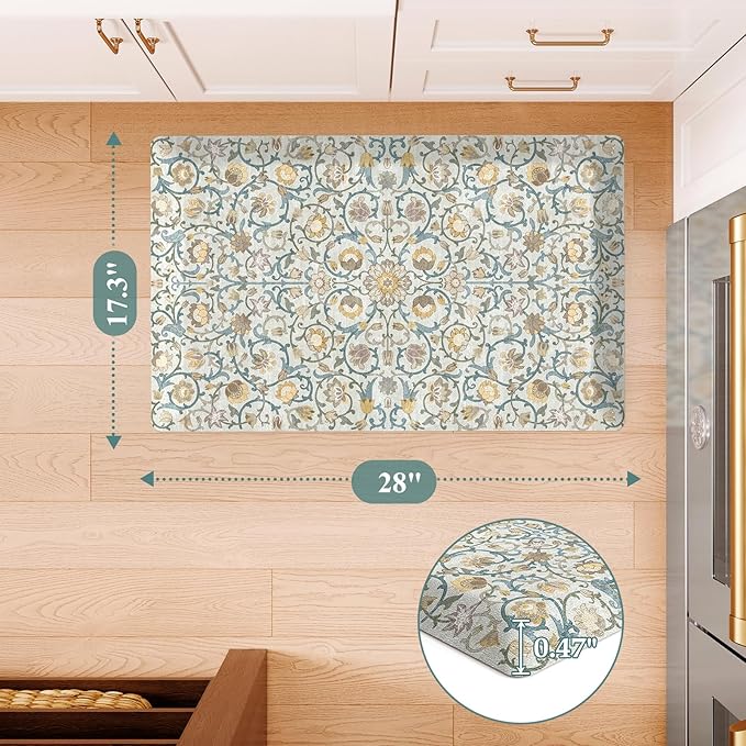 KIMODE Anti Fatigue Mats for Kitchen Floor Non Slip,Farmhouse Floral Sink Rug Waterproof for Laundry,Memory Foam Ergonomic Cushioned Carpet for Office,Beige/Blue 17.3"x28"