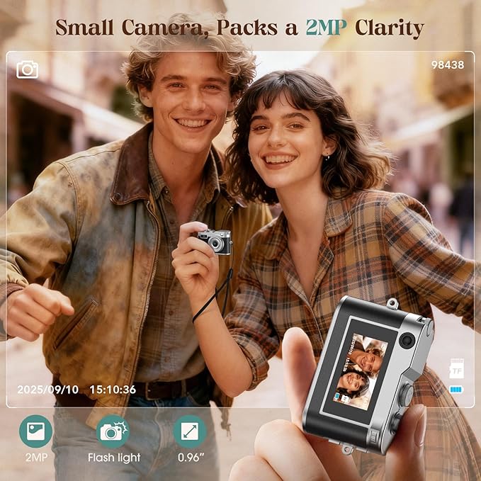 Mini Digital Camera, Keychain Camera 1080P HD with 2MP Lens, Flash, Video Recording, 32G Card Included, Portable and Compact Retro Vlog Camera for Travel, Kids, Black