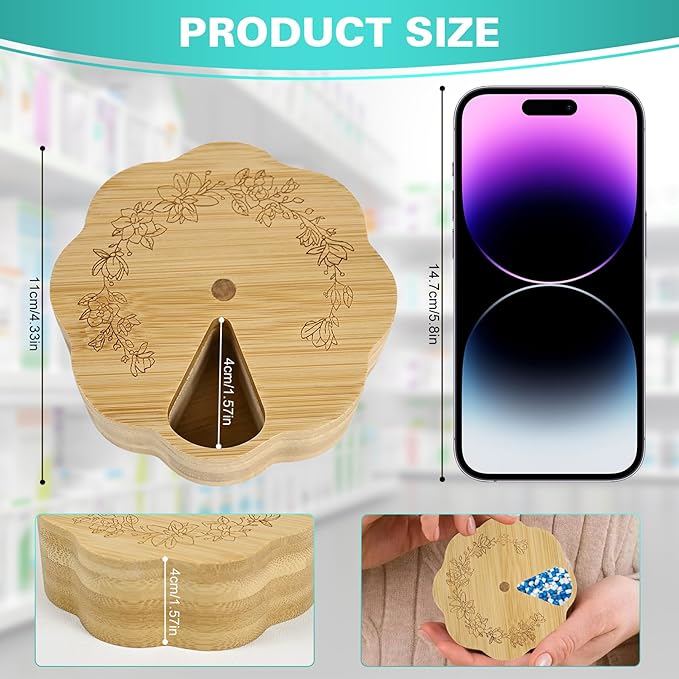 Bamboo Wood Weekly Pill Organizer for Medicine Vitamin 7 Day Round Scalloped Magnetic Pill Box Holder Flower Shape Aesthetic Tablet Box Compartments Container Portable
