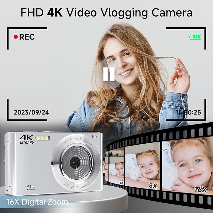 Digital Camera, 2026 4K Autofocus Digital Cameras for Teens, Silver Point and Shoot Camera for Kids with 16X Zoom, 64GB SD Card, Compact Small for Boys Girls Teens Kids Gift