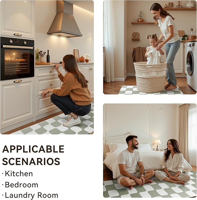 Sage Green Retro Curvy Checkered Grid Checkerboard Kitchen Rug Sets [2 PCs], Anti-Fatigue, Waterproof Non-Slip Kitchen Mats Heavy Duty Comfort Foam Rug for Floor, Home, Laundry,17"x29"+17"x47"
