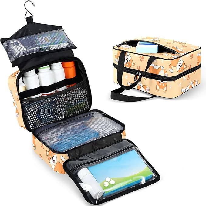 Fustylead Cute Shiba Inu and Paw Prints Travel Pill Bottle Organizer Large Home Storage Medication Bag with Zipper for Vitamins, First Aid, Fish Oil, Medical Supplies