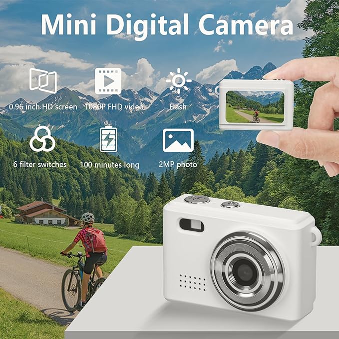 Mini Keychain Camera, FHD 1080p Mini Digital Camera with 32GB SD Card, Flash, 6 Creative Filters, 0.96" HD Display, 100 Mins Battery Life for Travel Recording Birthday Gifts (Modern, White)