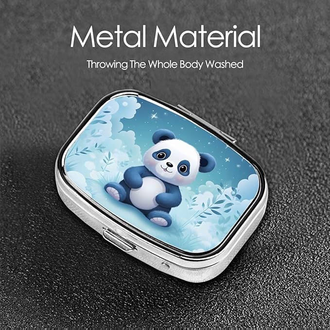 Cute Panda Patterns Pill Box with Mirror 2 Compartment Metal Square Small Pill Case for Purse Pocket Portable Pill Container Holder Travel Medicine Organizer for Vitamin Fish Oil Supplement