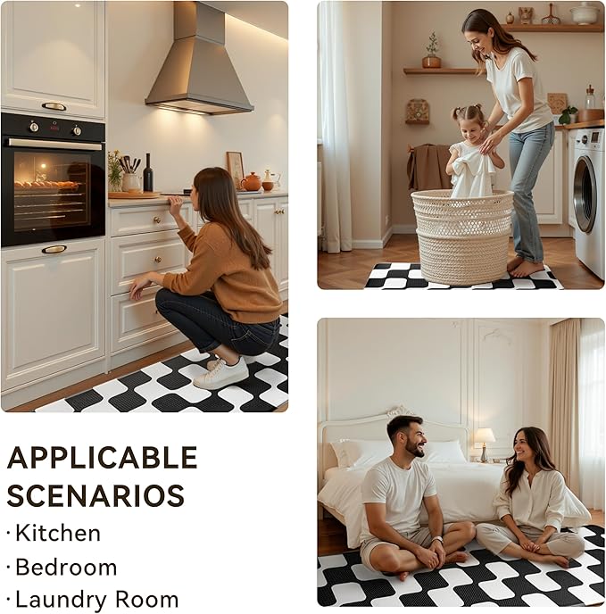 Black Retro Curvy Checkered Grid Checkerboard Kitchen Rug Sets [2 PCs], Anti-Fatigue, Waterproof Non-Slip Kitchen Mats Heavy Duty Ergonomic Comfort Foam Rug for Floor, Home, Laundry,17"x29"+17"x47"