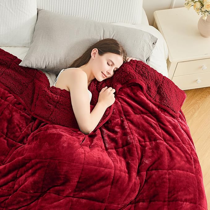 Cottonblue Sherpa Weighted Blanket for Adults 15 lbs Queen Twin Size 60x80 inches, Fuzzy Fleece Weighted Throw Blankets Cozy for Sleeping, Calming and Relax, Soft Heavy Blankets for Bed Sofa, Burgundy