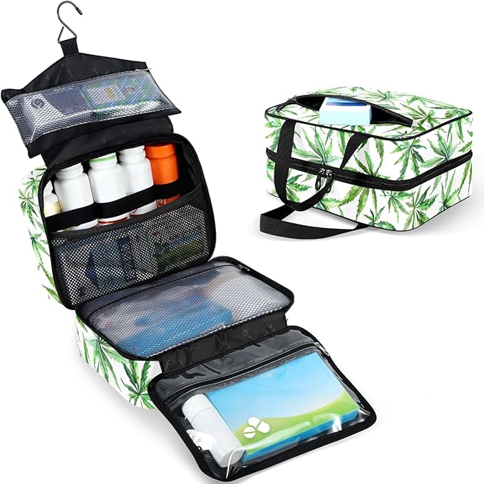 Fustylead Watercolor Green Marijuana Leaves Empty Travel First Aid Bag Large Home Medication Bag with Zipper for Pills,Vitamin,Fish Oil,Supplements for Women and Men