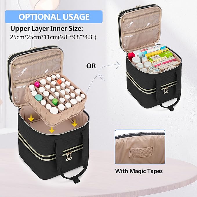 Yarwo Pill Bottle Organizer Storage Bag, 3 Layers Medicine Travel Case Empty with Demountable Design and Dividers for Pills, Potions, Vitamins and Emergency First Aid Supplies, Black (PATENT DESIGN)
