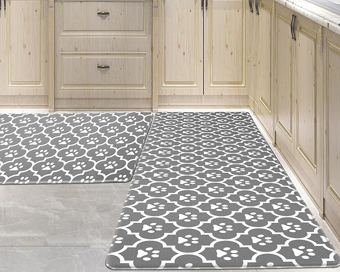 Grey Kitchen Mat Cushioned Anti-Fatigue Floor Mat, Waterproof Non-Skid Kitchen Mat and Rug Heavy Duty Comfort Standing Mat for Kitchen, Home, Office, Sink, Laundry, Puppy Paws