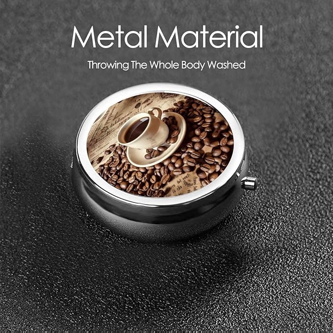 Retro Coffee Mug Beans Pill Box 3 Compartment Pill Case, Portable Medicine Pill Organizer for Pocket Purse Pill Box Decorative Metal Medicine Vitamin Organizer