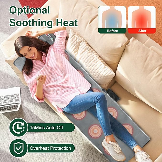 Full Body Massage Mat with Heat, 10 Vibration Nodes Massage Chair Pad with 3 Heating Levels, Multifunctional Full Body Relaxation Seat Back Massager with Head Neck Foot Massage Pillow for Home Office