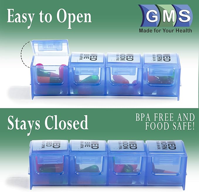 GMS 7 Day Pill Organizer Tray - Large with Removable Daily Pill Boxes with 4 Compartments Each for Storing and Organizing Prescriptions and Other Meds - Rainbow