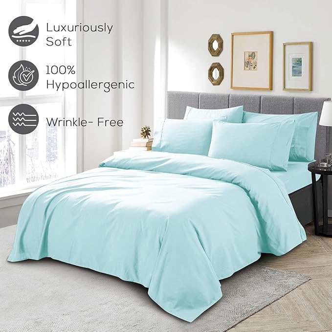 Mueller Ultratemp Bed Sheets Set, Super Soft 1800, 6 Piece Set, Deep Pocket up to 16" Sheets, Transfers Heat, Breathes Better, Hypoallergenic, Wrinkle, Aqua, California King