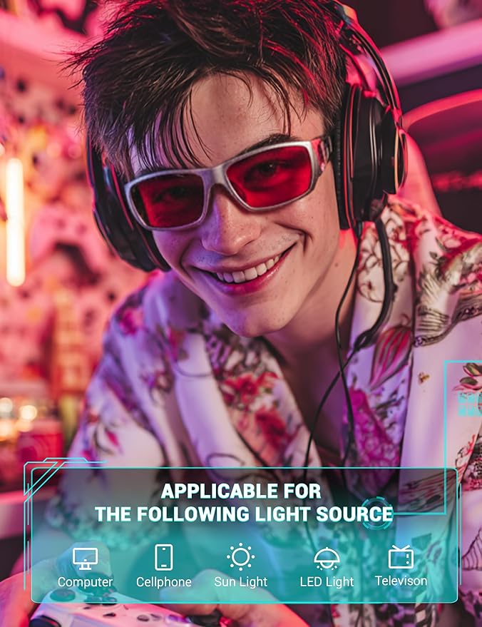 TIJN Sonia Red Sleep Glasses Orange Lens for Blue & Green Light Blocking,Dual AR Coating,Wraparound Frame for Gaming Screen