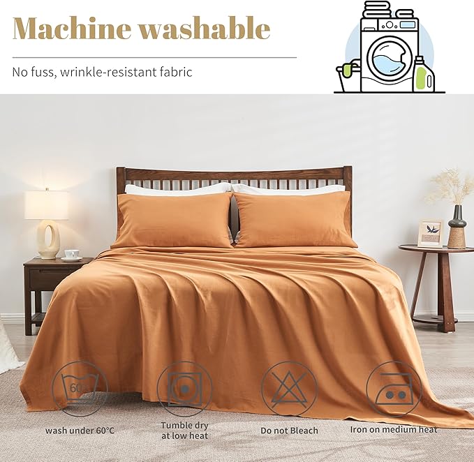 Simple&Opulence Belgian Linen Sheet Set Solid Color - 4 Pieces (1 Flat Sheet, 1 Fitted Sheet & 2 Pillowcases) Natural Flax Cotton Blend Soft Breathable Farmhouse Bedding - Queen Size, Rust