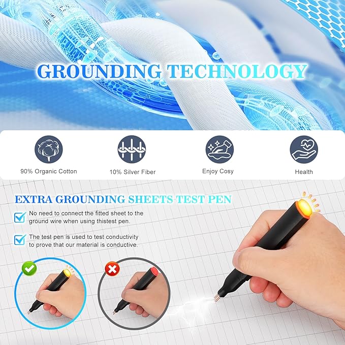 HLLBLL® Grounding Bedding Sheet Set, Bed Sheets and Pillowcase Set, 90% Organic Cotton+10% Pure Silver Organic Fitted Grounded Sheet for Improved Sleep, Pain Relief (White, (78 * 80.2 * 15inch))