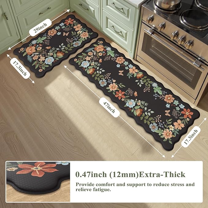 Collive Kitchen Mats for Floor 2PCS, Scalloped Cushioned Anti Fatigue Mat Non Slip Waterproof Kitchens Sink Rug, Vintage Boho Floral Rugs Comfort Standing Mat for Laundry, Desk, Bar, Office, Black