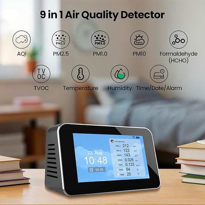 9 in 1 Air Quality Detector Smart Air Quality Monitor for AQI, PM2.5, PM1.0, PM10, Formaldehyde (HCHO), TVOC, Temperature, Humidity, Time/Date/Alarm Multifunction (Model AMT097)