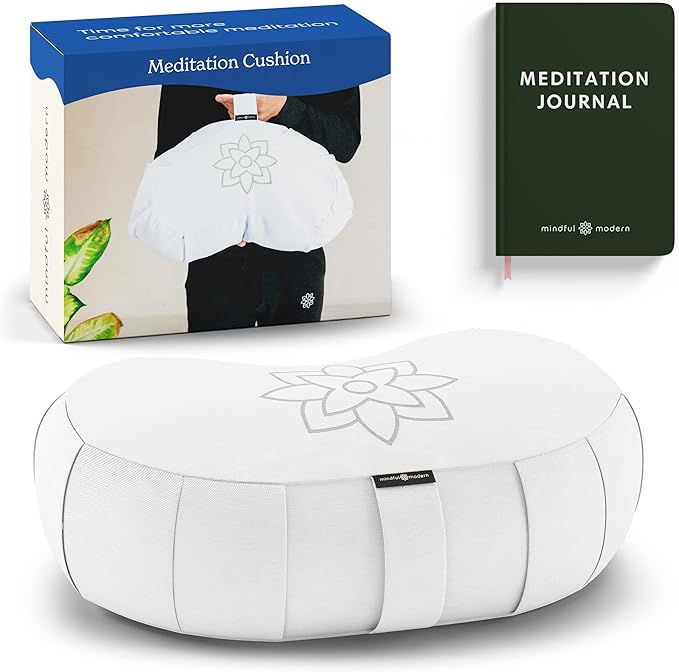 Mindful & Modern Large Meditation Cushion | Zafu Yoga Bolster Meditation Floor Pillow Seat | Buckwheat Hull Filled Crescent Shaped Cushion with Removable Washable Cover + Carry Handle | White