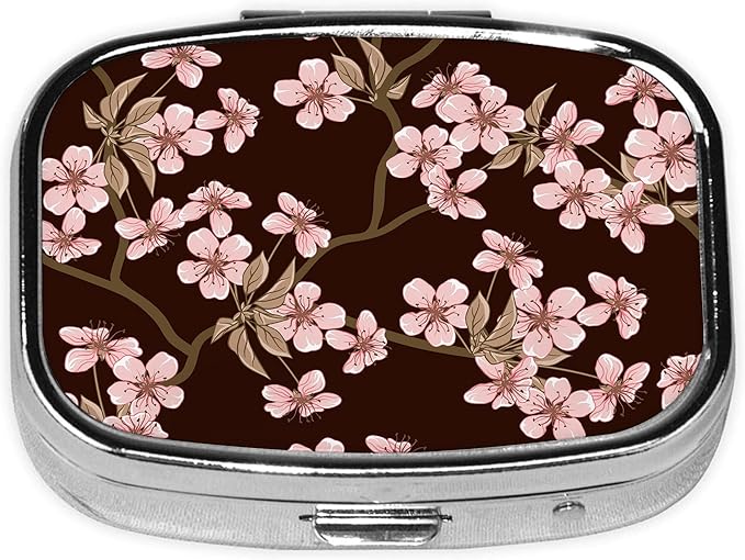 Pill Box-2 Compartment Small Pill Case Square Organizer Case with Mirror Portable Metal Medicine Box Travel Container for Pocket & Purse Women Men（Cherry Blossom）