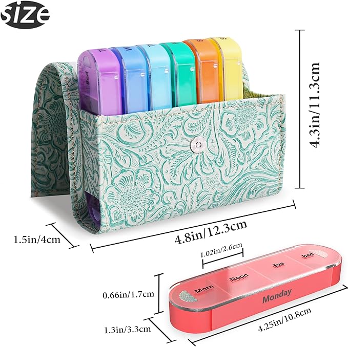 Pill Organizer,Haecsfl Weekly Travel Pill Case Box Medication Reminder Daily AM PM, Day Night 7 Compartments,for 4 Times A Day, 7 Days a Week-Includes Leather PU Carrying Case(1-Carved Green1)
