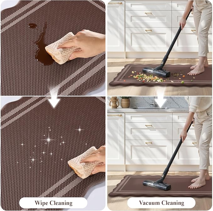 KIMODE Anti Fatigue Kitchen Mats for Floor, Farmhouse Scalloped Rugs for Kitchen Floor, Boho Kitchen Rugs Non Slip, Cushioned Standing Mats for Laundry Office Sink Desk Brown 17"x47"+17"x29"