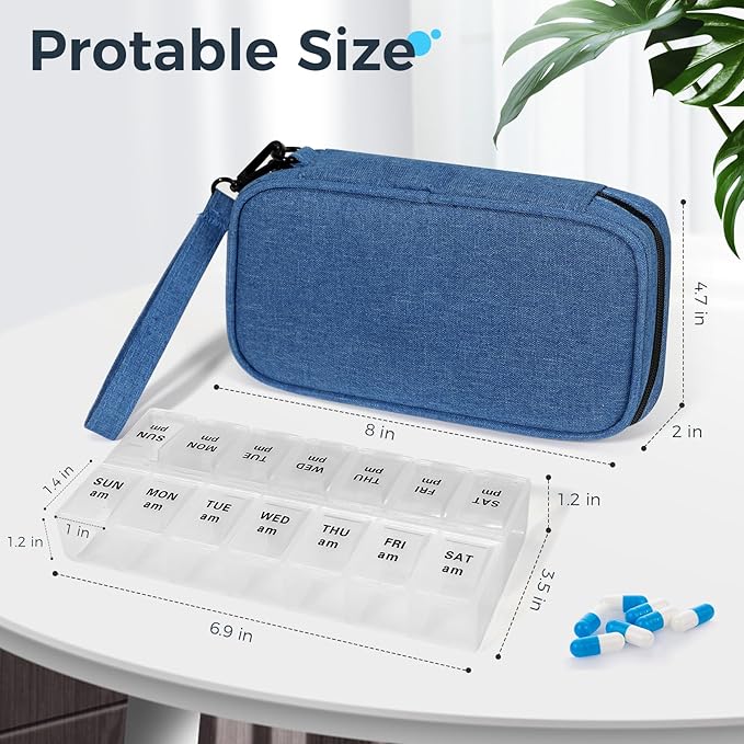 Weekly Pill Organizer 2 Times a Day, Travel Pill Box 7 Day with Large Opening, Pill Case with Handle, Pill Dispenser Medicine Organizer for Vitamins, Fish Oils, Medications, Supplements (Blue, Large)