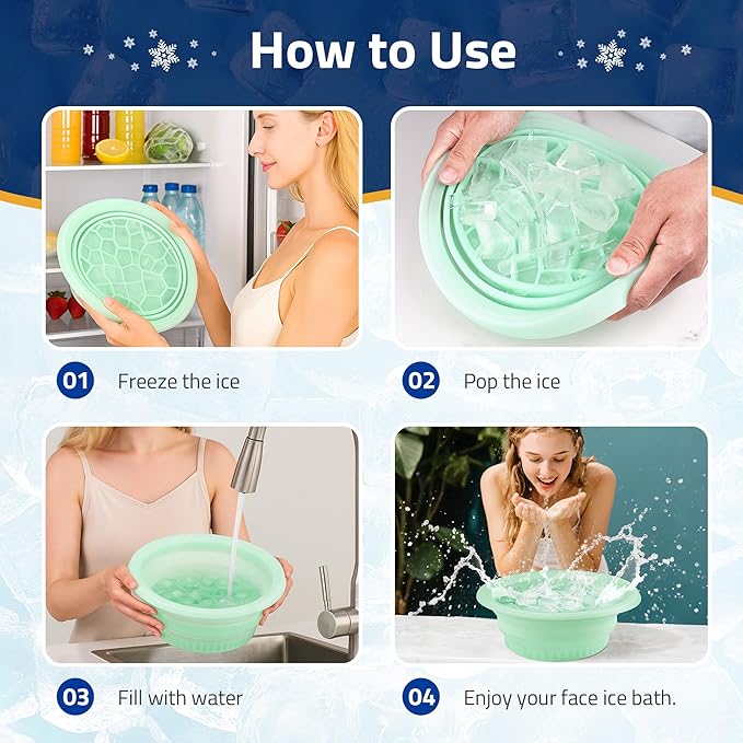Large Bowl for Face Ice Bath, Foldable Facial Ice Bath with Built-in Icetray, Silicone Ice Bath Bowl, Ice Face Bowl (Green)