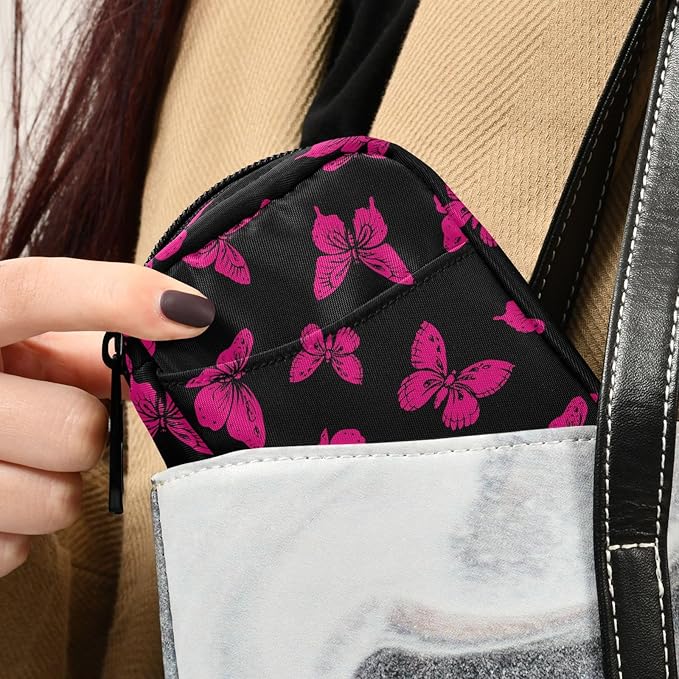 Fustylead Cute Hot Pink Wild Butterfly Pill Organizer Travel Portable Zipper Cloth Bag for Holding Weekly Supplements Vitamins and Fish Oils