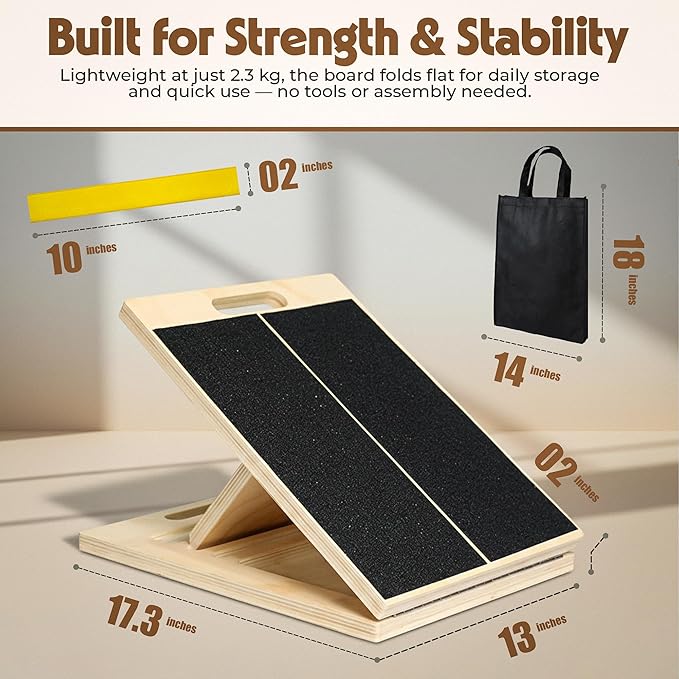 Adjustable Wooden Slant Board for Calf Stretching, Squats & Physical Therapy – Portable Incline Stretch Board for Ankle, Knee, Heel & Foot Mobility with 2 Extra Sand Papers, Carry Bag & Mini Loop Band