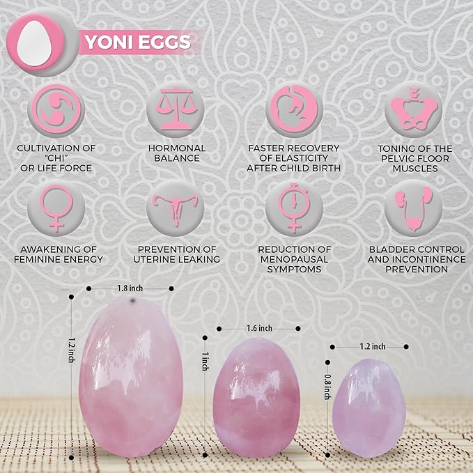 Sacred Weapon Rose Quartz Ben was Balls for Women | Set of 3 Yoni Stones | Yoni Egg for Pelvic Floor | for Yoga & Tightening Postpartum | with Drilled String, eCourse & Gift Box