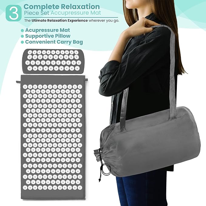 Sivan Health and Fitness Acupressure Mat and Pillow Set - Grounding Mat for Stress, Back & Neck Pain - Acupuncture Point Massage Mat for Muscle Relaxation, Sciatica, & Meditation - Includes Carry Bag