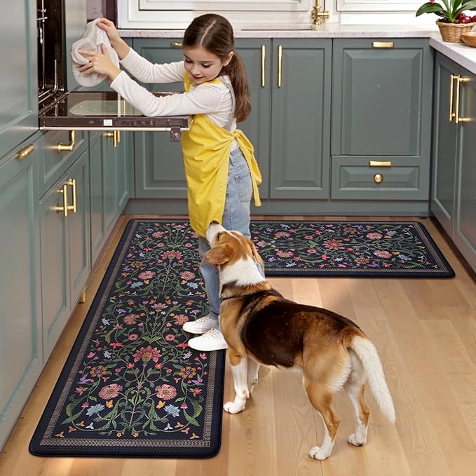 Collive Anti Fatigue Kitchen Mats, Cushioned Kitchen Rugs Set of 2 Waterproof Non Slip Desk Mat, Comfort Standing Rug Vintage Floral Carpet for Office, Sink, Laundry, 17.3"x29"+17.3"x47", Purple/Blue