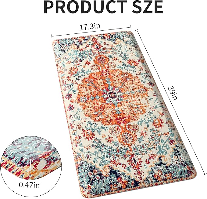 MAYHMYO Boho Kitchen Mat Anti Fatigue Ethnic Kitchen Cushioned Floor Mat Orange Blue Kitchen Rugs Non Slip Rugs for Kitchen Floor Office