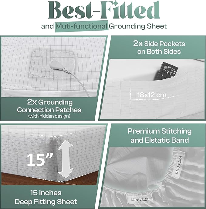 LuxeCraft Grounding Fitted Sheet – Organic Cotton & Silver Fiber | Breathable, Skin-Friendly | 15" Deep | Includes Tester Pen, Wristband, Eye Mask & Cord, Queen Size (White)