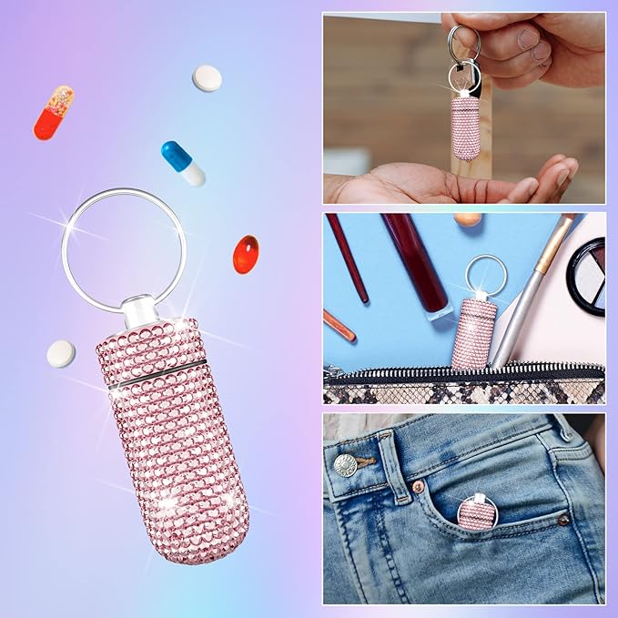 Yuchew Bling Pill Case Pill Container Rhinestone Pill Box Portable Waterproof Pocket Pill Holder Storage Bottle with Keychain for Travel, Outdoor, Camping (Pink)