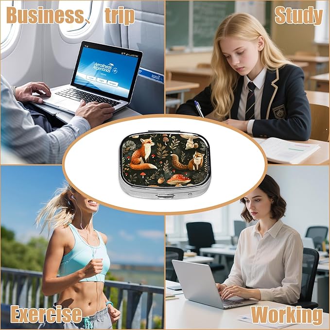 Pill Box-2 Compartment Small Pill Case Square Organizer Case with Mirror Portable Metal Medicine Box Travel Container for Pocket & Purse Women Men（Cute Fox Mushroom）