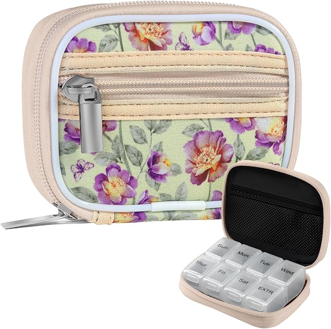 Pill Case Weekly Travel Pill Organizer for Purse with Removable 7 Day Pill Box Premium Neoprene Pill Container for Travel Purse Accessory, Vitamin, Supplement, Small Pieces Arrangement-Flower